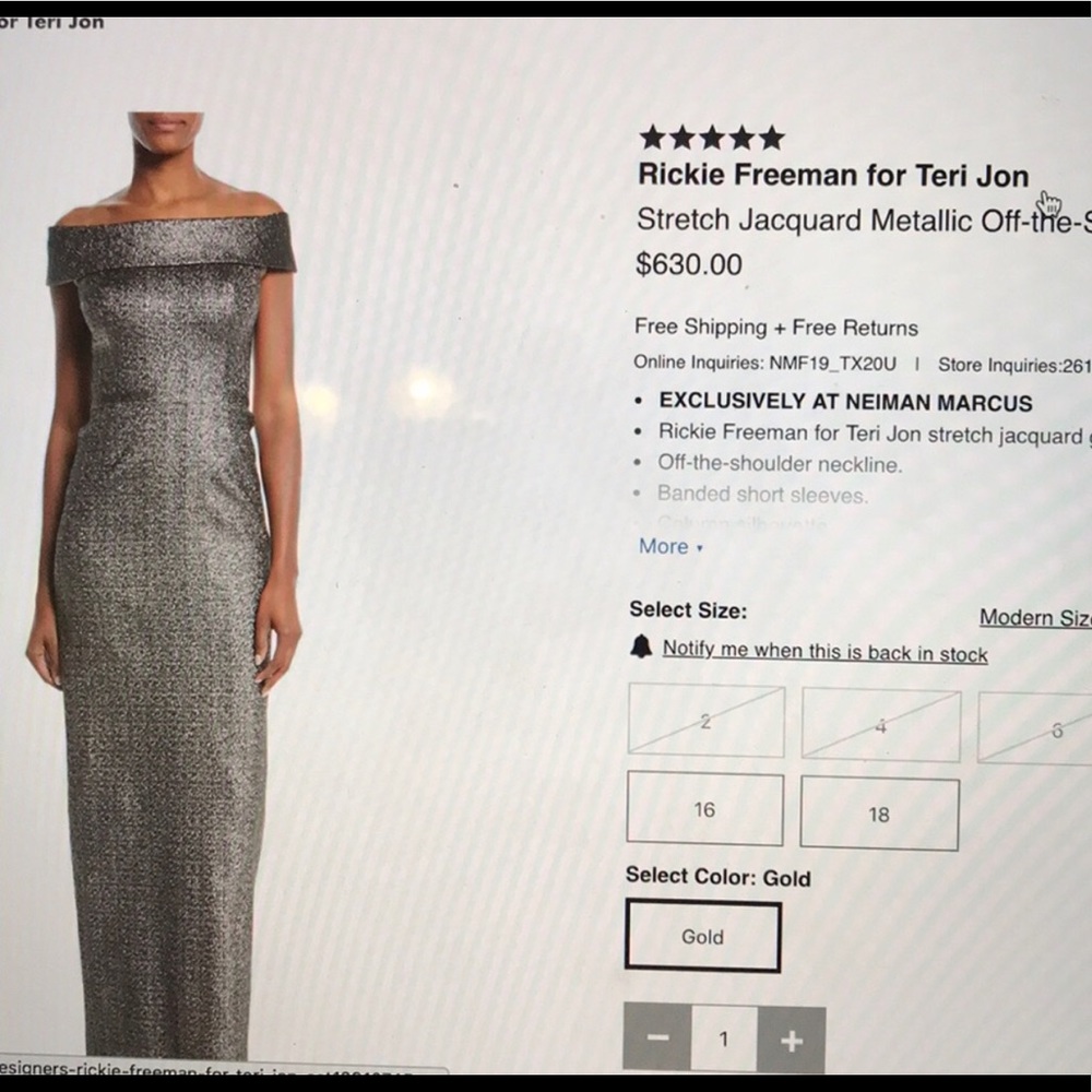 Teri Jon Dress Long Metallic Gold dress.  Size 12.